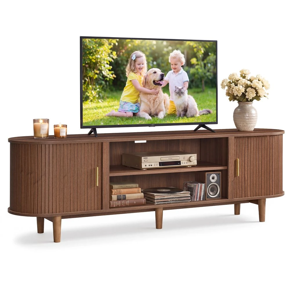 VASAGLE MIRIANA 70 Inch Mid-Century TV Stand with Fluted Sliding Doors, Walnut, 70-inch